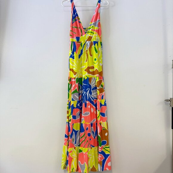 Maaji Marea Pink, Yellow, Blue Neon Deep Plunge Tiered Maxi Dress - Picture 2 of 6